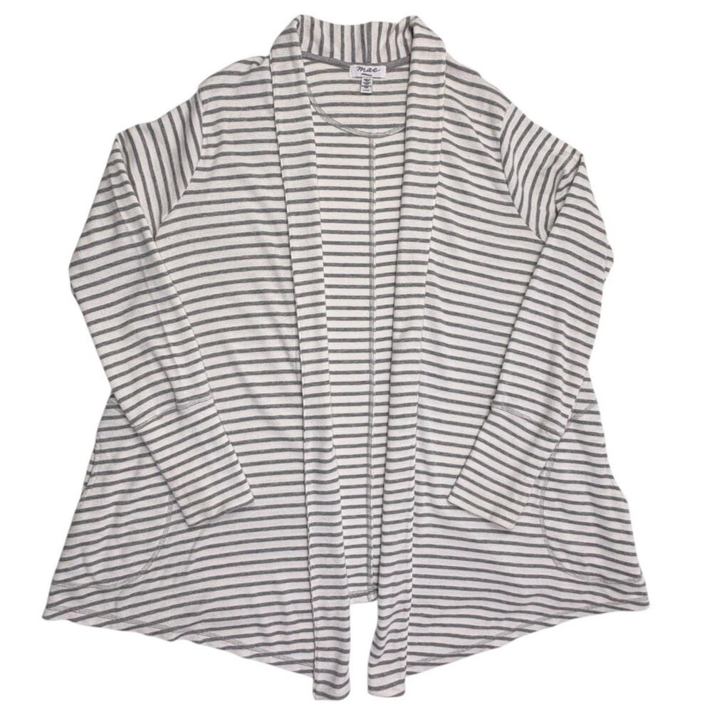 Mae Gray White Striped Waffle Knit Open Front Cardigan Thumbhole Pockets L